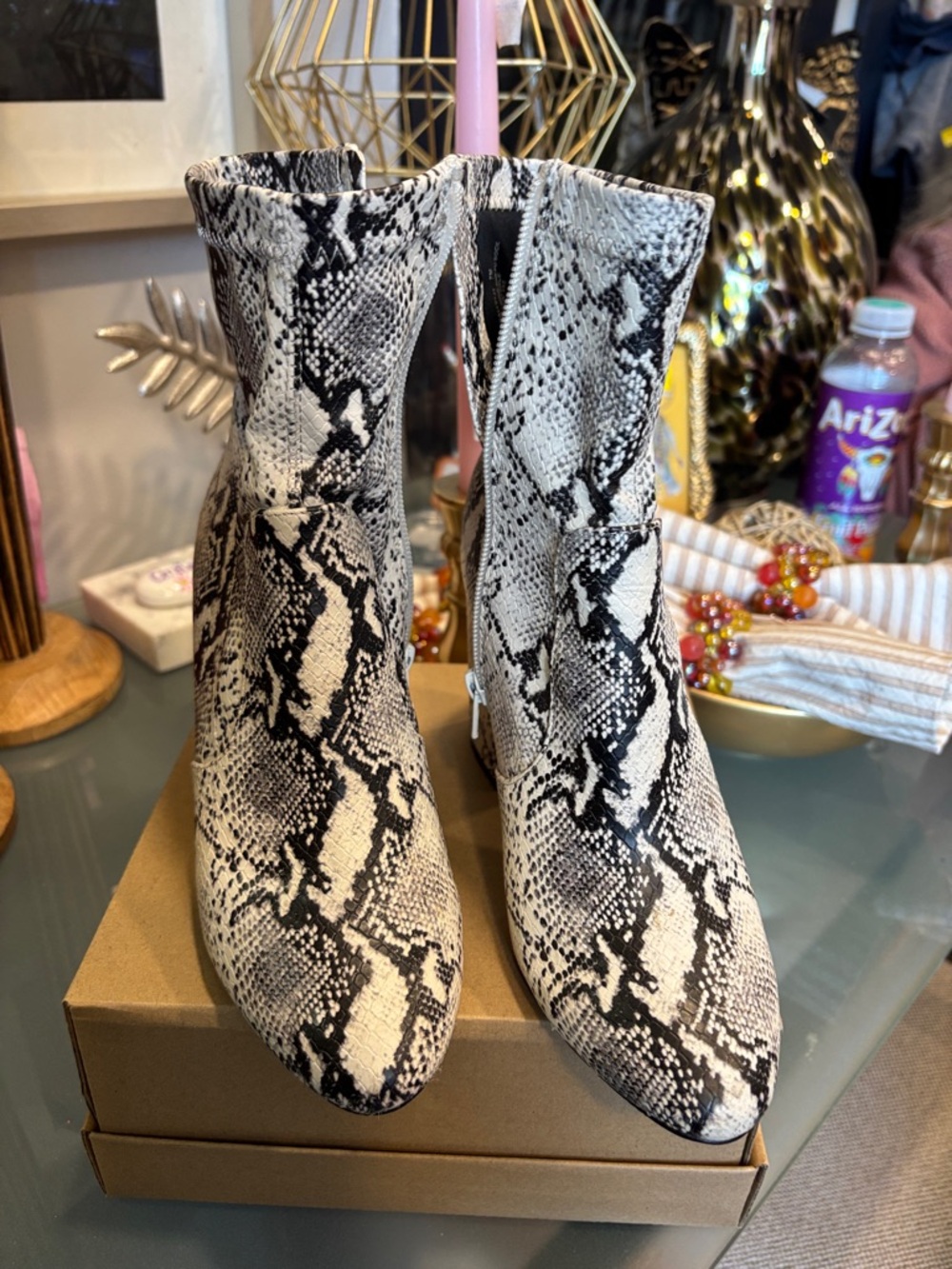 Madden Girl Snake-Print Ankle Boots in White and Black